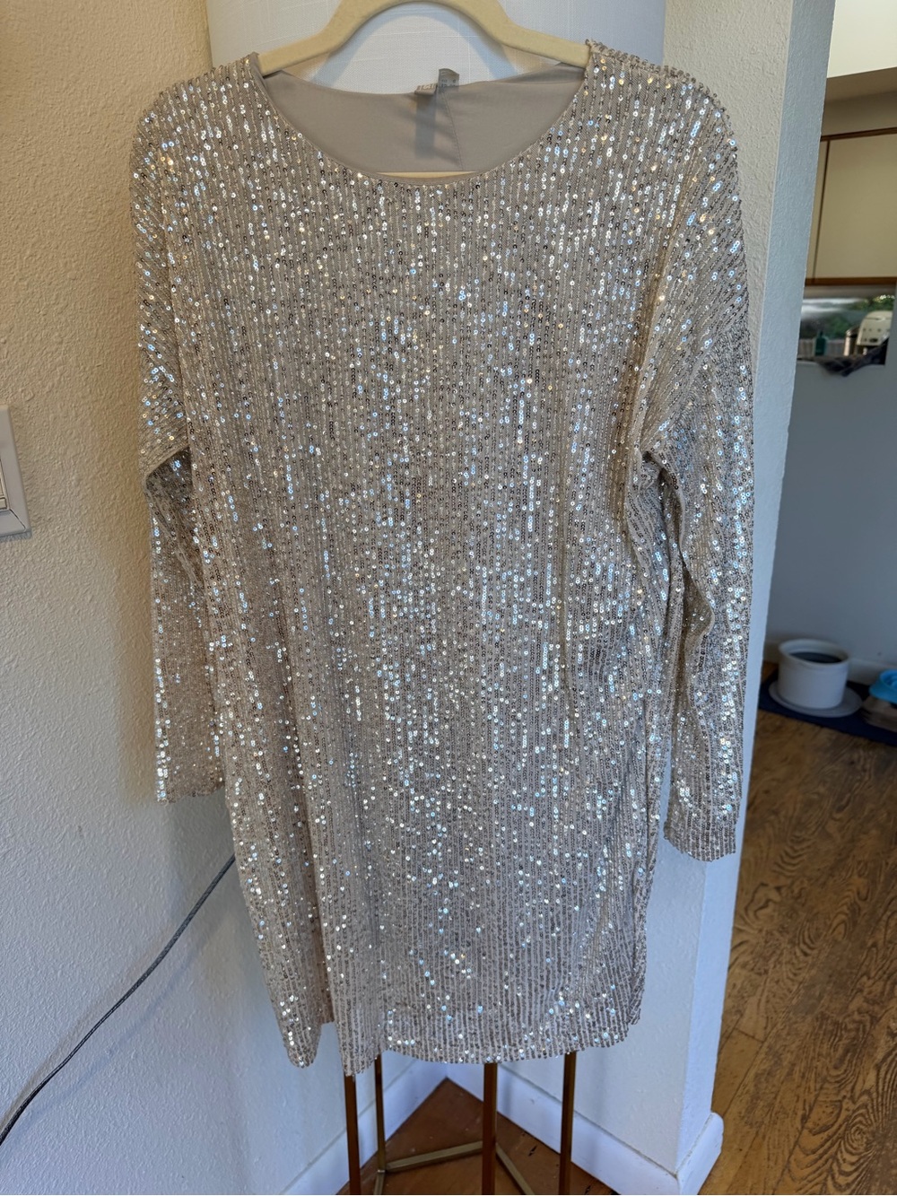 ASOS Silver Sequin Long Sleeve Shift Dress